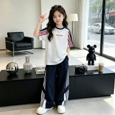 批发<b class='q'>女</b><b class='q'>童</b>夏季短袖套装2026年新款中大童夏装薄款儿童运动长裤两件套