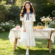 批发上衣纯棉 <b class='q'>女</b><b class='q'>童</b>巨好看的公主裙夏装新款女大童初中生学院风两件套