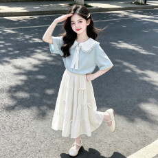 批发上衣纯棉 <b class='q'>女</b><b class='q'>童</b>夏季娃娃领短袖<b class='q'>套装</b>洋气儿童甜美大童白色半身裙
