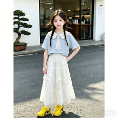 批发上衣纯棉 <b class='q'>女</b><b class='q'>童</b>夏季娃娃领短袖<b class='q'>套装</b>洋气儿童甜美大童白色半身裙