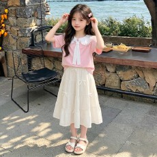 批发上衣纯棉 <b class='q'>女</b><b class='q'>童</b>夏季娃娃领短袖<b class='q'>套装</b>洋气儿童甜美大童白色半身裙