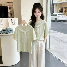 批发<b class='q'>女</b><b class='q'>童</b>短袖t恤夏季2026新款儿童洋气花边上衣女大童夏装超好看半袖