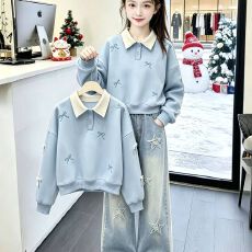 批发女大童韩系穿搭学院风卫衣2026秋季新款初中生巨好看的炸街套装