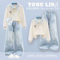 批发<b class='q'>女</b><b class='q'>童</b>韩系穿搭学院风卫衣牛仔裤秋装两件套2026新款女大童秋季套装