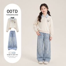 批发<b class='q'>女</b><b class='q'>童</b>韩系穿搭学院风卫衣牛仔裤秋装两件套2026新款女大童秋季套装