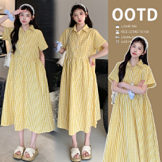 批发新款实拍韩系减龄翻领清爽衬衫式超宽松日系文艺黄格纹孕妇连衣裙