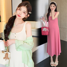 批发实拍~新品韩版时尚简约显瘦吊带裙+防晒衬衣套装
