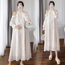 批发实拍袖子可拆卸新款两穿镂空刺绣挂脖孕妇夏季显瘦气质连衣长裙