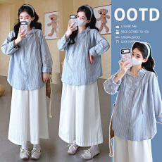 批发实拍～春季新款木耳花边拼接连帽条纹长袖衬衫宽松阔腿裤<b class='q'>孕妇</b><b class='q'>套装</b>