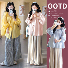 批发实拍~法式甜美两面穿亚麻防晒衬衫开衫宽松长袖<b class='q'>孕妇</b><b class='q'>上衣</b>＋阔腿裤