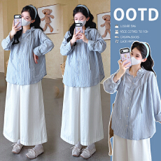 批发实拍～春季新款木耳花边拼接连帽条纹长袖衬衫宽松阔腿裤<b class='q'>孕妇</b><b class='q'>套装</b>