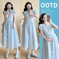 批发实拍现现甜美复古条纹圆领a字裙夏季新款蓝白提花红扣<b class='q'>孕妇</b><b class='q'>连衣裙</b>