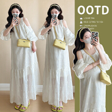 批发实拍现现法式温柔风泡泡袖孕妇连衣裙夏季小心机露肩时髦孕妇装