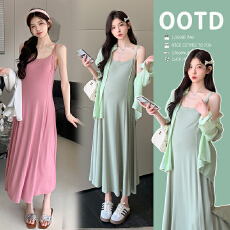 实拍现现 新品韩版时尚简约显瘦方领吊带裙+防晒衬衣套装