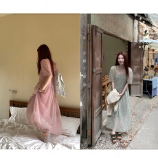 批发超美清爽两件套泡泡袖<b class='q'>雪纺</b>连衣裙<b class='q'>韩版</b>宽松度假风长裙