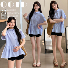 批发实拍新款娃娃领宽松短袖孕妇衬衫