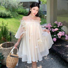 批发2025新款  玉兰荷香 高级气质度假风连衣<b class='q'>裙</b>一字肩晨袍<b class='q'>伴娘</b>仙女<b class='q'>裙</b>