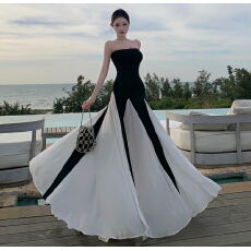 批发2026新款【灵感缪斯】宴会小众气质鱼尾收腰黑白撞色抹胸<b class='q'>连衣裙</b>