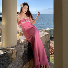 批发易梦玲同款<b class='q'>真丝</b>桑蚕丝法式度假海边气质蕾丝吊带连衣<b class='q'>裙</b>女<b class='q'>裙</b>子长<b class='q'>裙</b>