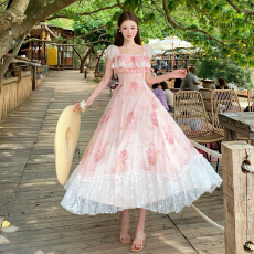批发Q女家 漂亮的爱丽丝/粉碎花/奶黄色仙气短袖连衣裙夏海边度假<b class='q'>长裙</b>