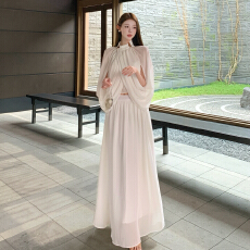 批发度假风名媛甜美雪纺连衣裙女白色半高领收腰<b class='q'>大摆裙</b>超仙氛围感长裙