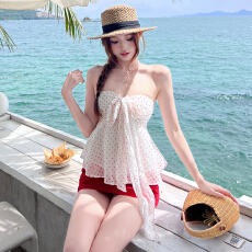 批发海边多巴胺明媚度假穿搭白色波点抹胸背心+正红色高腰显瘦包臀裙