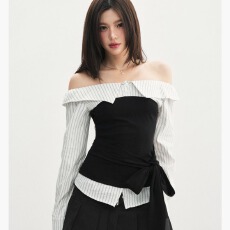 批发女装<b class='q'>时尚</b>秋季新款撞色拼接条纹设计感一字肩显瘦上衣绑带<b class='q'>衬衫</b>