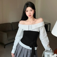 批发设计感假两件一字肩长袖<b class='q'>T</b><b class='q'>恤</b>女秋冬新款<b class='q'>时尚</b>条纹拼接绑带<b class='q'>衬衫</b>上衣