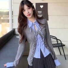 批发木耳边<b class='q'>条纹</b>拼接系带长袖针织衫女春夏新款纯欲假两件<b class='q'>开衫</b>衬衫上衣