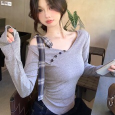 批发纯欲风辣妹灰色一字肩长袖T恤女早秋季露肩蝴蝶结<b class='q'>短</b>款修身上衣潮