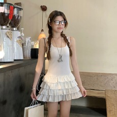 批发韩系白色吊带<b class='q'>连衣裙</b>夏季女新款荷叶边设计拼接显瘦芭蕾风a字短裙