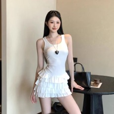 批发芭蕾风方领法式吊带连衣裙女修身包臀拼接百褶<b class='q'>背心裙</b>超短蛋糕裙