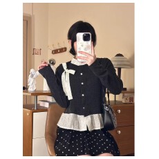 批发韩系ins绑带圆领加厚长袖女波点荷叶边v领下摆拼接假两件春季新款