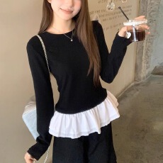 批发芭蕾风花边黑色内搭<b class='q'>打底衫</b>女冬季新款加绒修身<b class='q'>长袖</b>t恤上衣