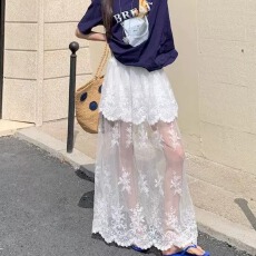 批发法式蕾丝拼接半身裙女夏季新款高腰白色减龄薄款网纱长裙