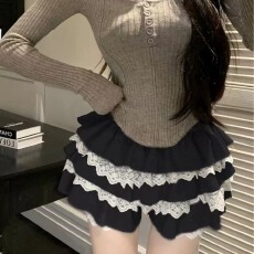 批发纯欲风蕾丝拼接a字蓬蓬短裙<b class='q'>半身</b>裙女春夏款高腰显瘦防走光蛋糕裙