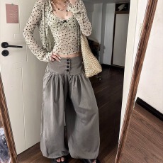 批发秋季新款灰色高腰排扣束脚阔腿宽松<b class='q'>休闲</b>百搭小众好看<b class='q'>休闲</b>裤