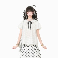 批发夏季新款韩系娃娃领甜美波点泡泡袖短袖上衣女百搭学院风<b class='q'>衬衫</b>
