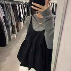批发春秋新款韩系时尚百搭圆领长袖T恤上衣叠穿黑色<b class='q'>吊带</b>背心两件套女