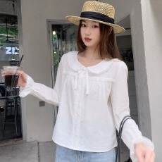 批发法式复古白色蕾丝拼接<b class='q'>娃娃领</b><b class='q'>衬衫</b>女秋季新款可收腰显瘦长袖上衣