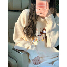 高质量温柔风穿搭奶fufu软糯大码宽松秋冬外穿印花针织毛衣女