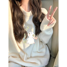 批发高质量温柔风穿搭奶fufu软糯大码宽松秋冬外穿印花针织毛衣女