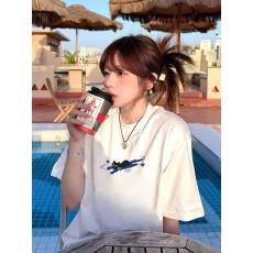 批发高品质纯棉200克精梳紧密100%棉直播同品（前印花）宽松短袖t恤女