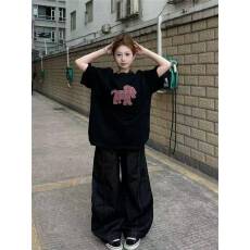 批发高品质纯棉200克精梳紧密100%棉直播同品（前印花）宽松短袖t恤女