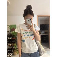 高品质纯棉220克40支食毛+手感有弹力印花修身收腰短袖t恤女