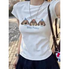 高品质纯棉220克40支食毛+手感有弹力印花修身收腰短袖t恤女