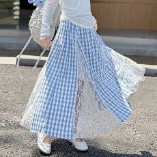 批发女童格子裙甜美蕾丝裙子2025新款<b class='q'>夏</b>季儿童半身裙中长款小女孩蓝色