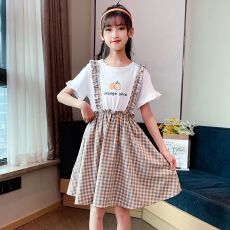 批发<b class='q'>女童</b>连<b class='q'>衣裙</b>夏装新款中大童<b class='q'>背带裙</b>小女孩裙子学生装儿童假两件裙子