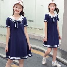 批发儿童裙子2025新款<b class='q'>夏</b>季学院风海军领短袖连衣裙女学生韩版中长裙子