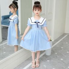 批发女童连衣裙<b class='q'>夏</b>季娃娃领甜美连衣裙小女孩网红洋气公主风网纱裙童装